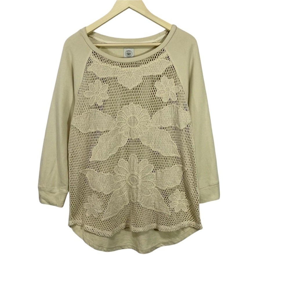 Lucky Brand Lucky Lotus Large Sweatshirt Top Crochet Front Beige Womens READ